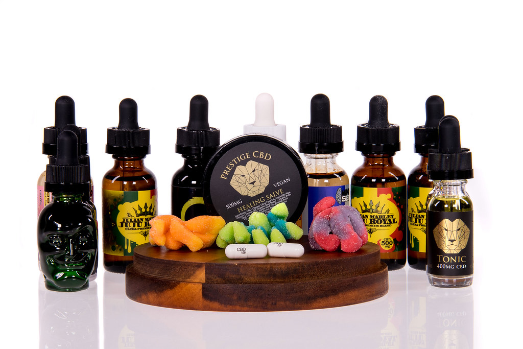 Assorted CBD tincture bottles on a display